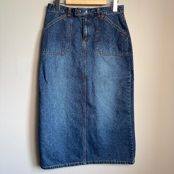 Vintage Y2K Old Navy Women's Denim Midi Jean Skirt Blue Size 16 Pockets 1/2 Slit - Picture 1 of 13